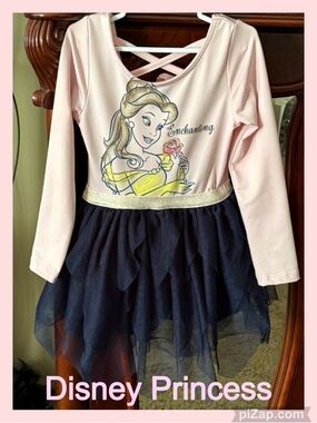💕DISNEY PRINCESS DRESS Pink & Navy Belle Tulle Dress Leotard Gold Waist -Sz 3T